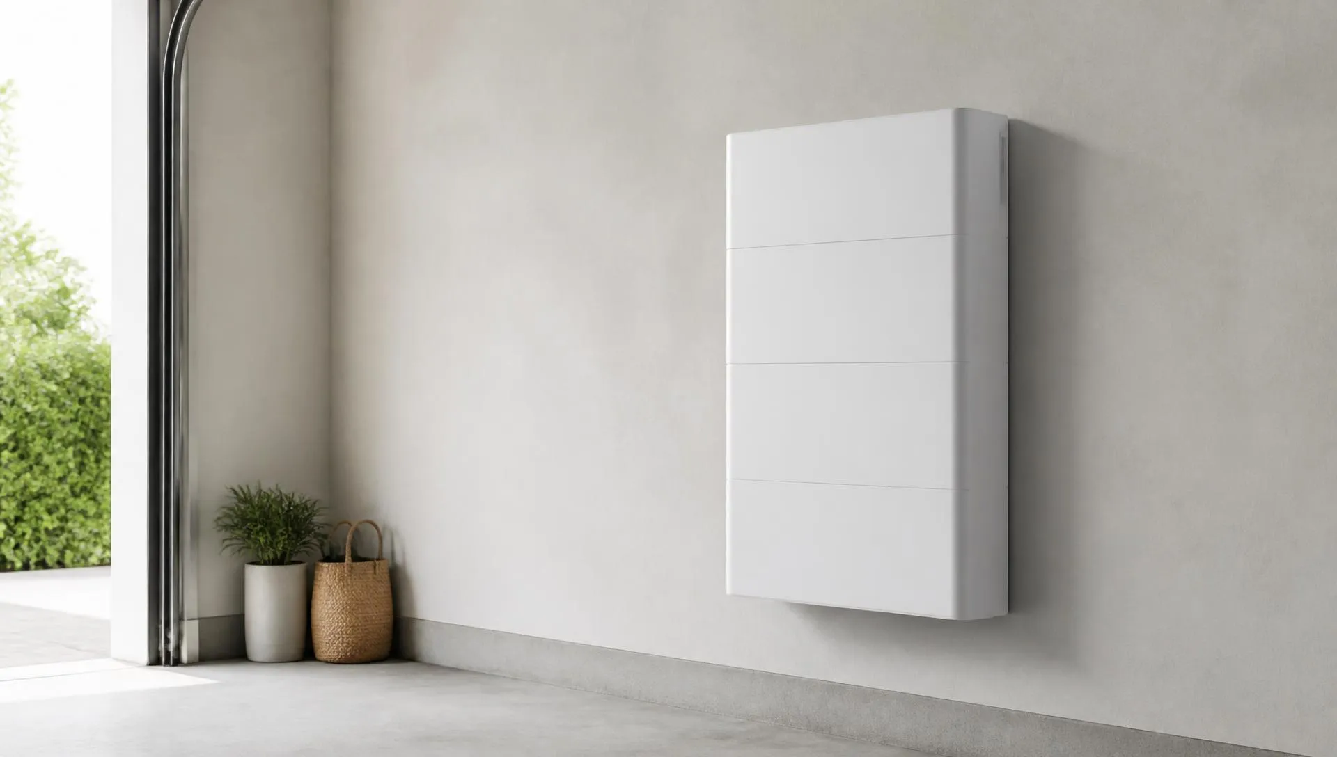 Batterie de stockage domestique blanche fixée au mur d'une pièce ouverte sur un jardin