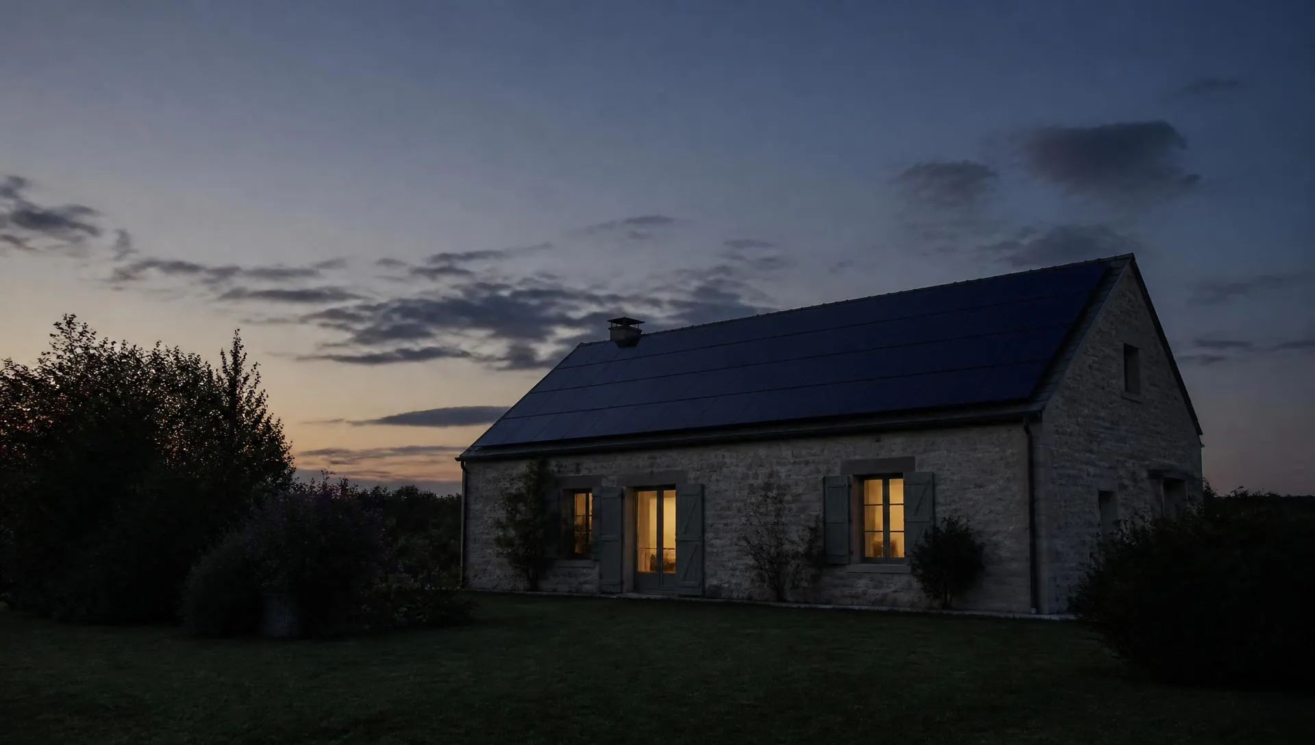 Maison individuelle équipée de panneaux photovoltaïques, fenêtres éclairées à la tombée du jour