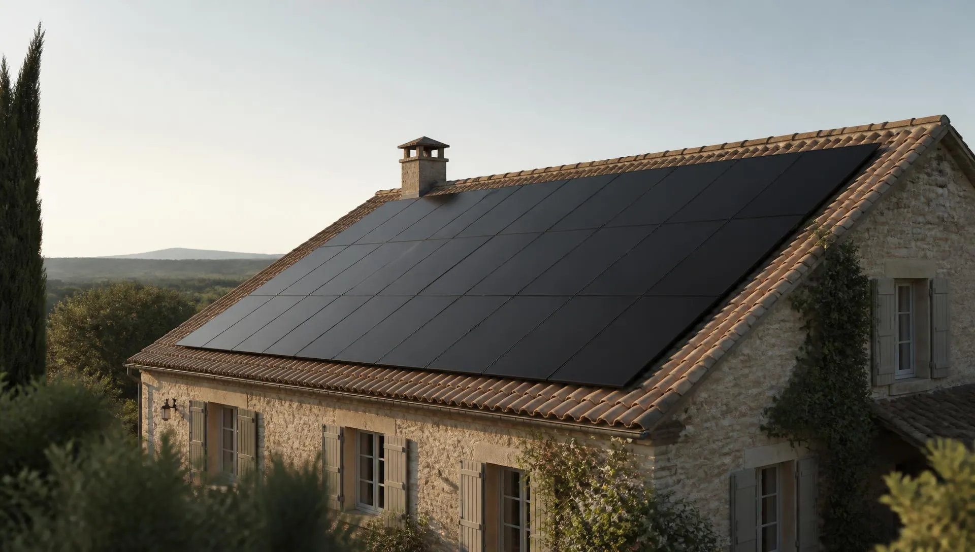 Panneaux photovoltaïques noirs posés en toiture d'une maison en pierre du sud de la France, sous un ciel de fin de journée